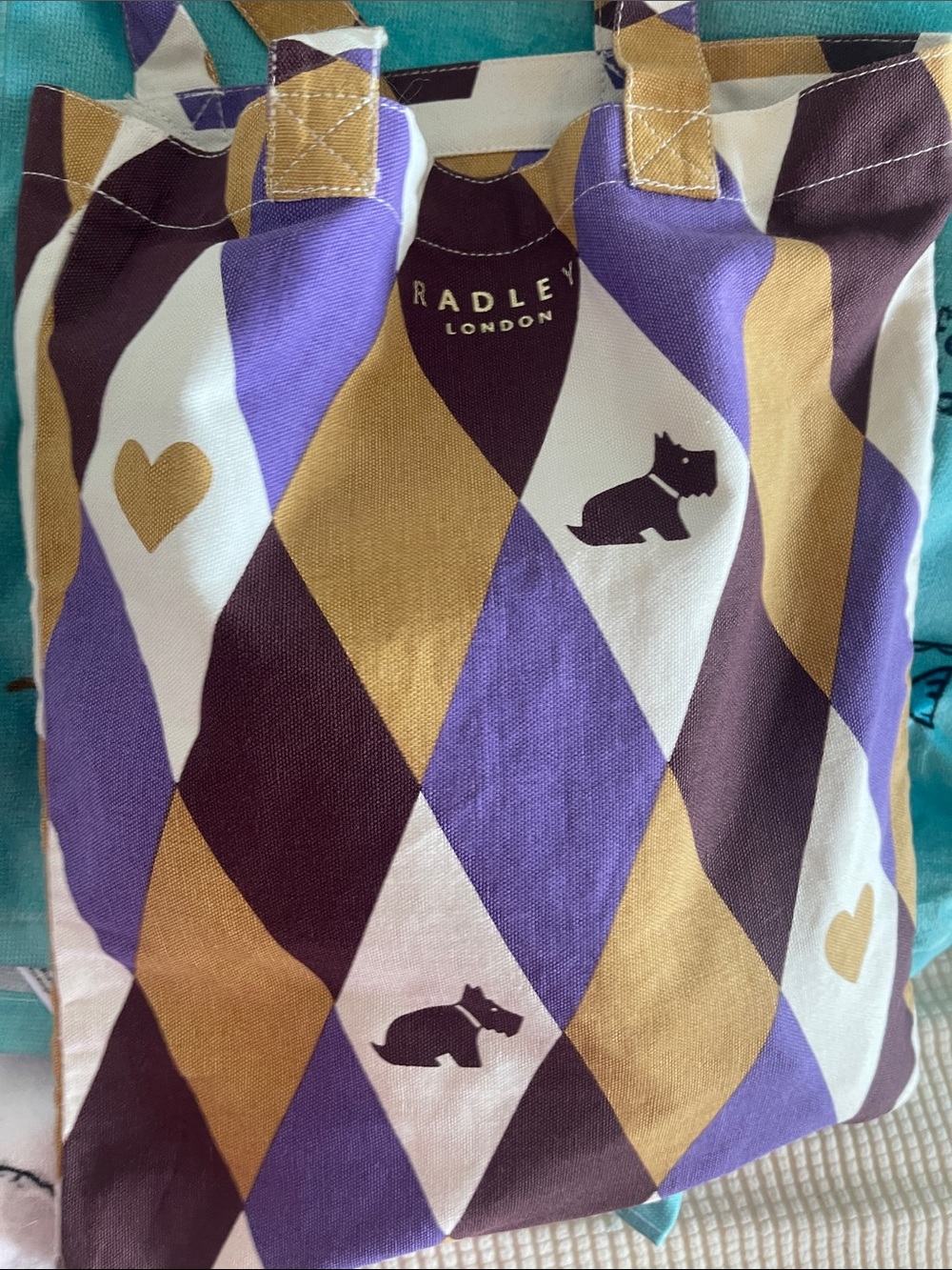 RADLEY LONDON Purple, Gold & Cream Diamond-Print Tote with Scotty Motifs